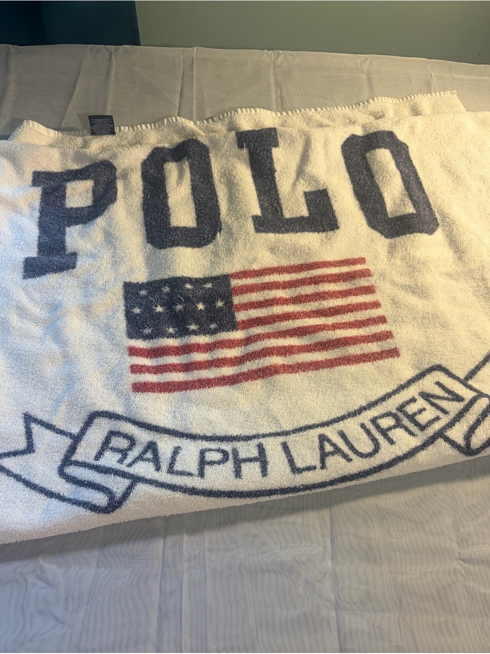 Ralph Lauren Kids White Pajama Top with Navy Logo and Red Flag vintage